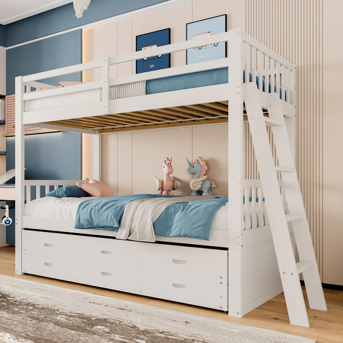 ETAGENBETT aus Kiefernholz & MDF 90x200 cm in Weiß mit Ausziehbett & 3 Schubladen - Weiß, Holz (90/200cm) - Modfu