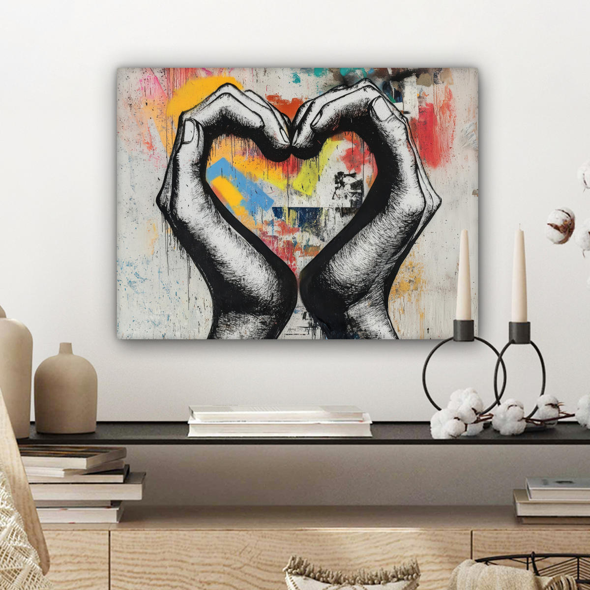 OBRAZ NA PLÁTNE Ruky - Srdce - Street art - Graffiti 40x30 cm - viacfarebná, textil (40/30cm) - MuchoWow