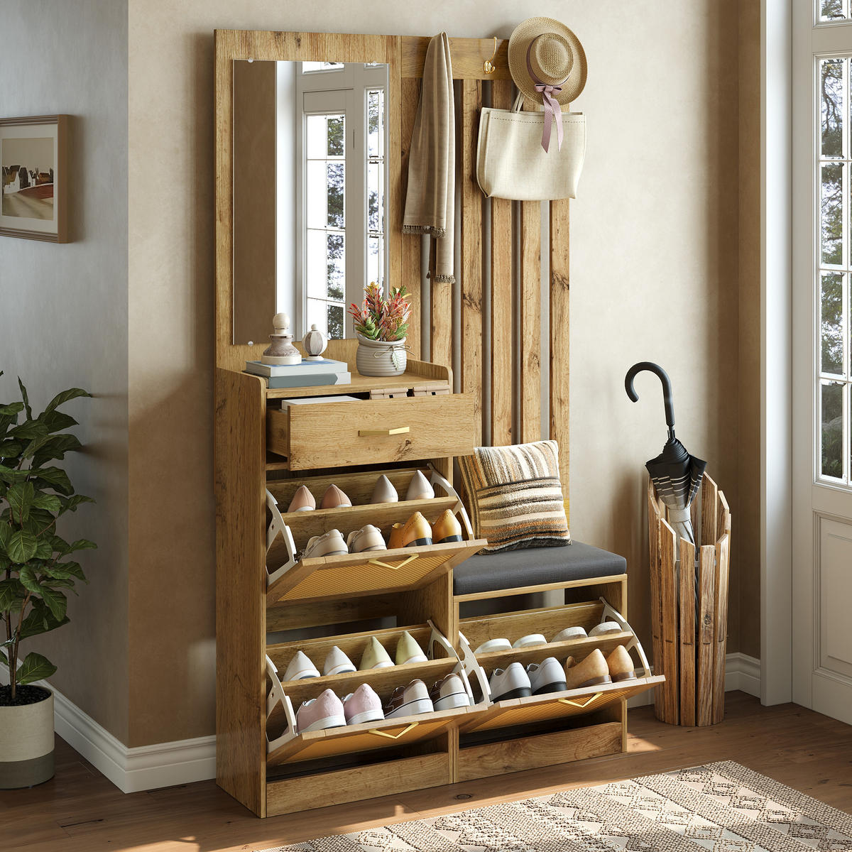 GARDEROBE Set mit Spiegel Sitzbank Schuhschrank Haken - Naturfarben, Holzwerkstoff (99.5/180/26cm) - FLIEKS