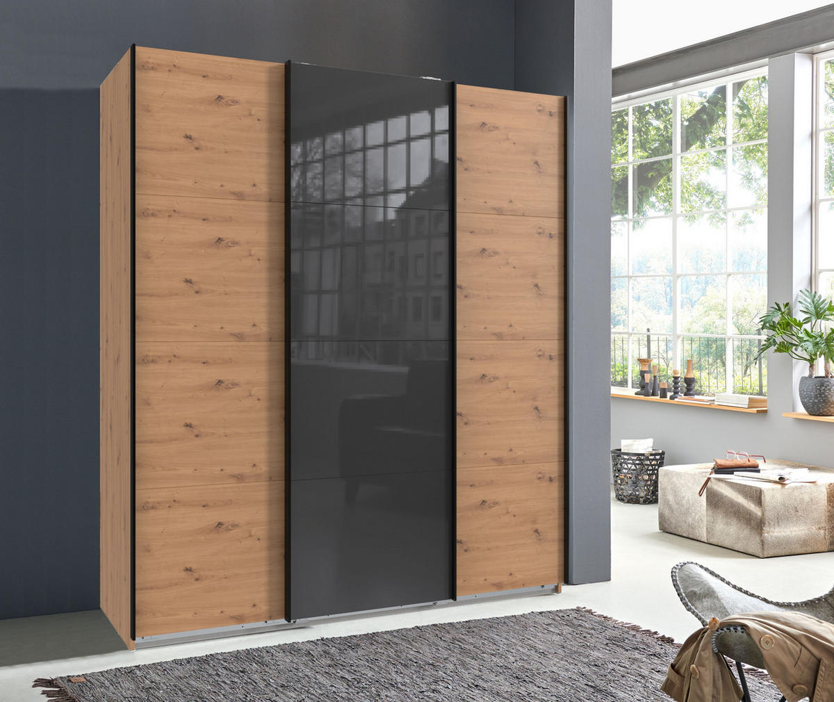 SCHWEBETÜRENSCHRANK 3-türig in Eichendekor, eine Tür mit Glasfront Grau, B180/H208/T64 cm / 22517 - Eichefarben/Schwarz, Holzwerkstoff/Metall (180/208/64cm) - luma-home