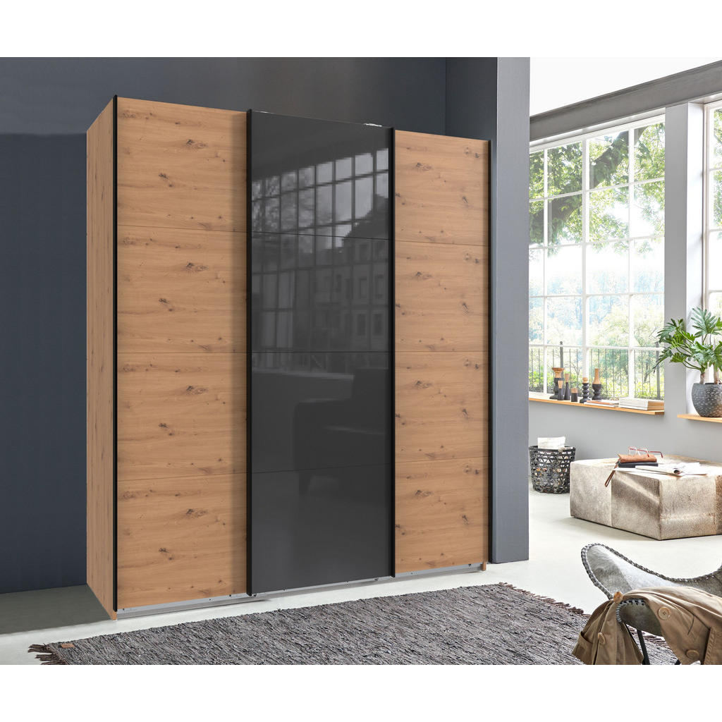 Thumbnail - luma-home Schwebetürenschrank, Eiche, Braun, Grau, Holzwerkstoff, Nachbildung, 4 Fächer, einzeln stellbar,Rechteckig, 18...