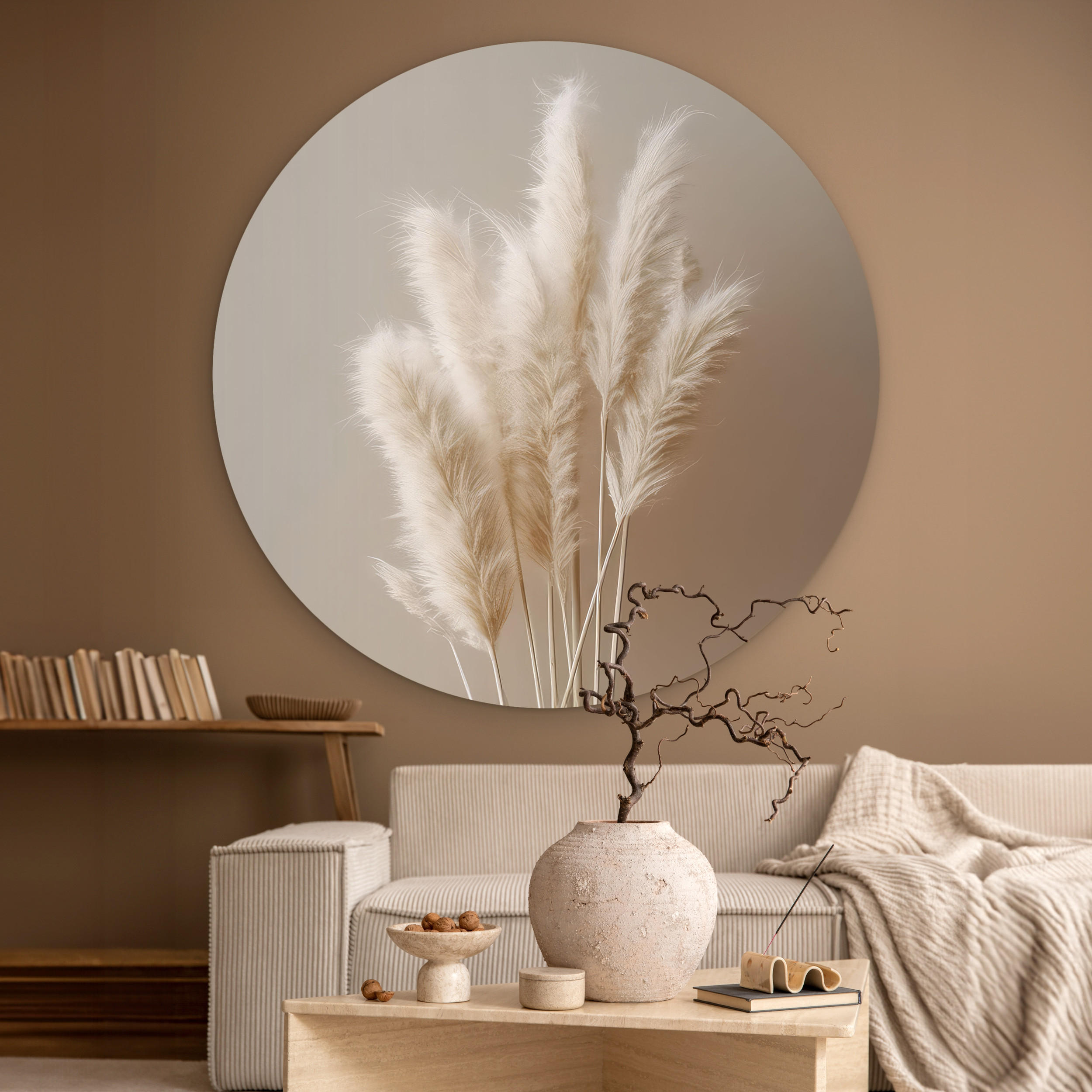 WANDBILD Pampasgras - Federn - Pastell - Weiß 150x150 cm - Sandfarben, Kunststoff (150/150cm) - MuchoWow