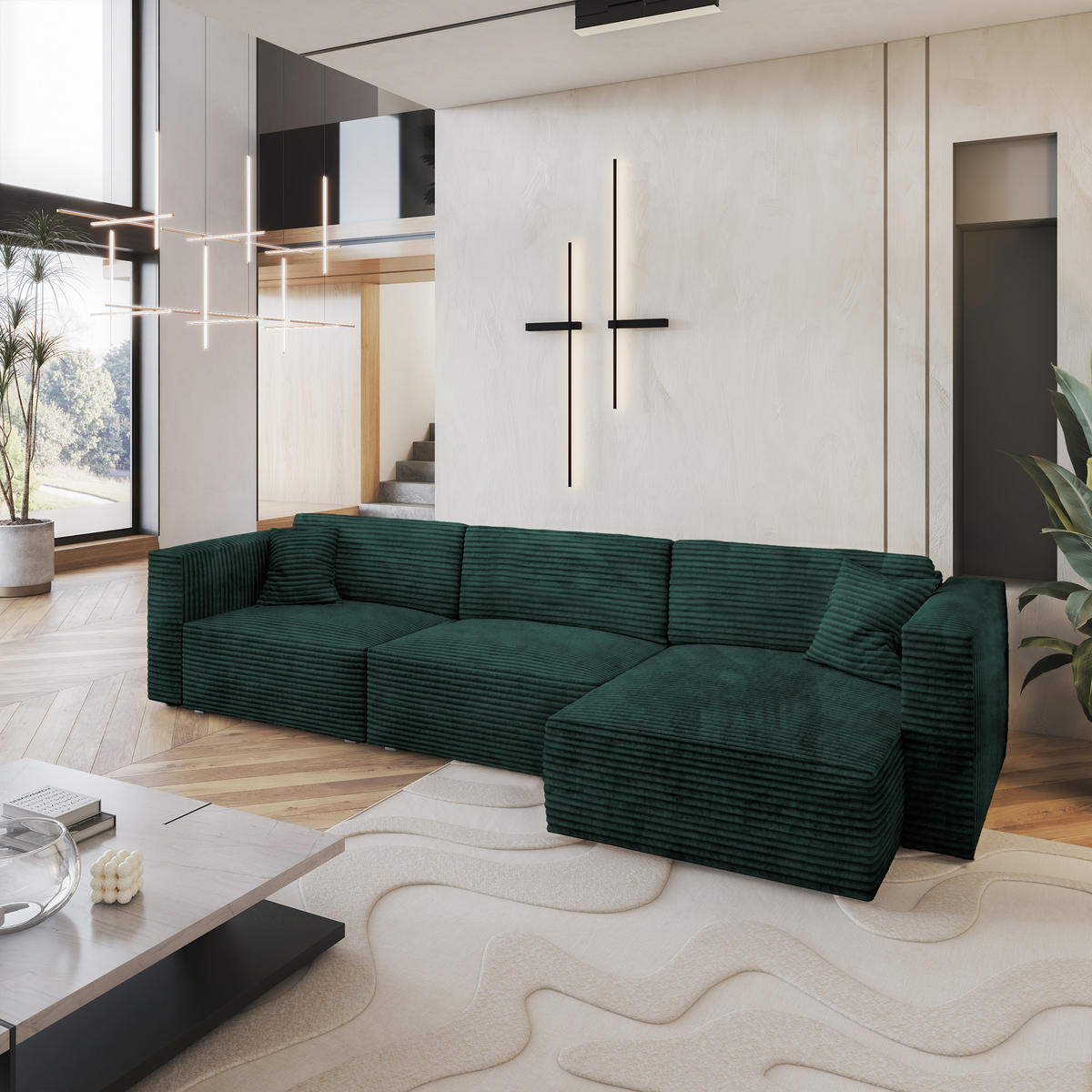 ECKSOFA TOLMO Grün Kordstoff mit Schlaffunktion - Grün, Holz (347/148cm) - MASSENO