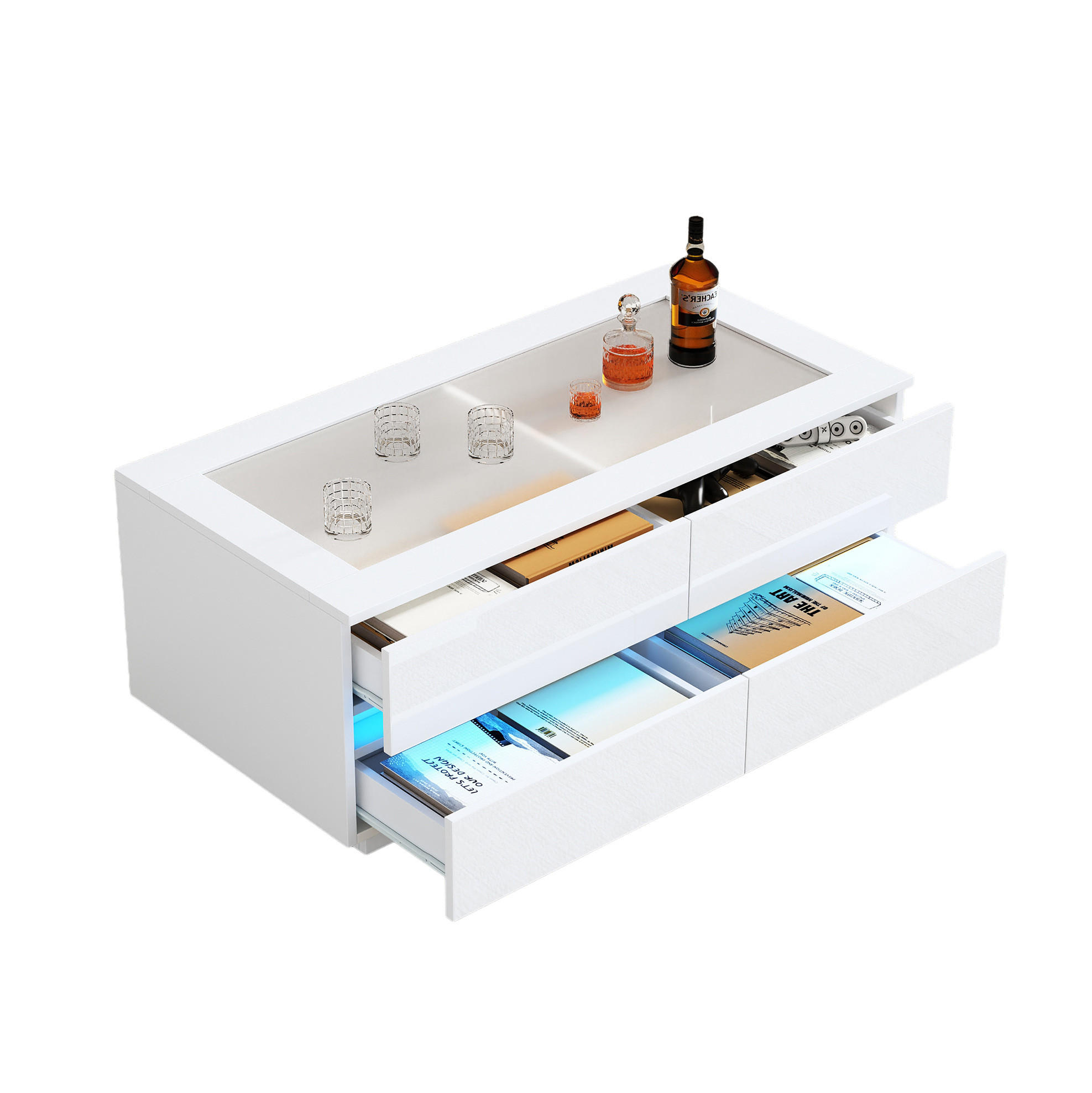 COUCHTISCH aus Spanplatte und Glas 100x50x40 cm Weiß mit 4 Schubladen und LED-Beleuchtung - Weiß, Holzwerkstoff (100/50/40cm) - IVMEU