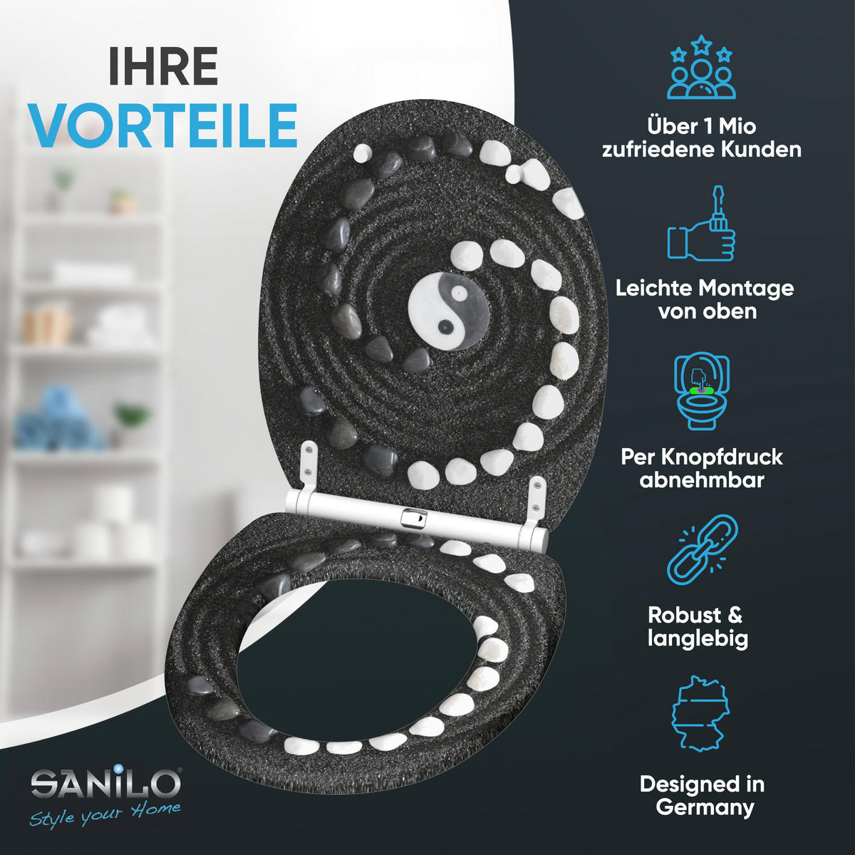 WC-SITZ mit Absenkautomatik & Top Fix Yin Yang - Schwarz, Holzwerkstoff (37.7/5.5/48cm) - Sanilo
