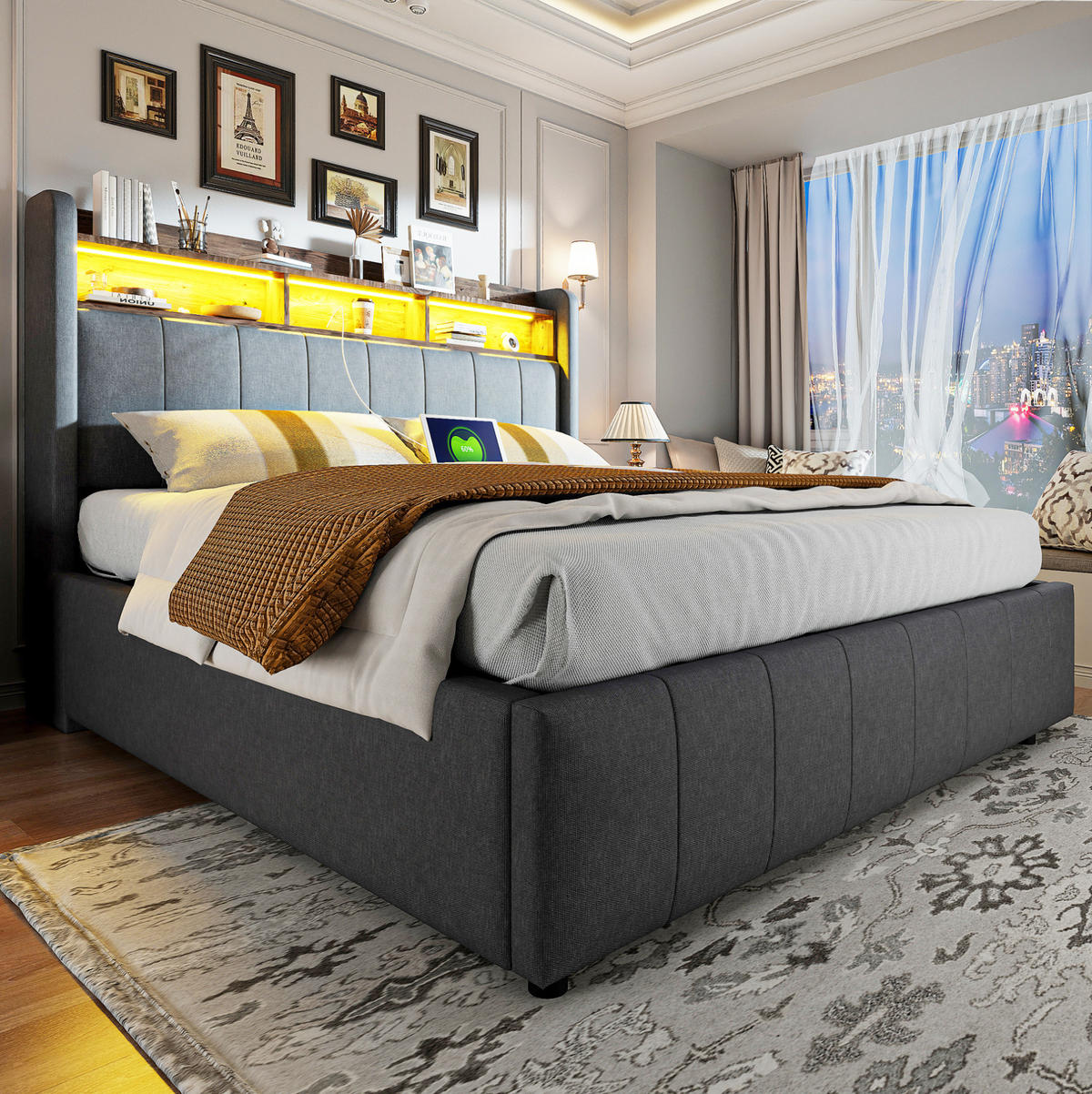 POLSTERBETT 160/200 cm aus Leinenstoff mit LED-Beleuchtung und Stauraum, Grau - Grau, Textil (160/200cm) - OKMYHOME