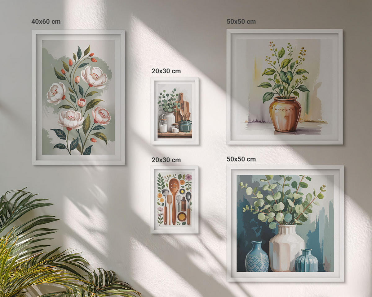 WANDBILDER 5er-Set - 50x50 cm & 20x30 cm & 40x60 cm Weißer Rahmen - Blumen und Früchte in Vasen - Weiß, Kunststoff (40/60cm) - ArtPrintCave