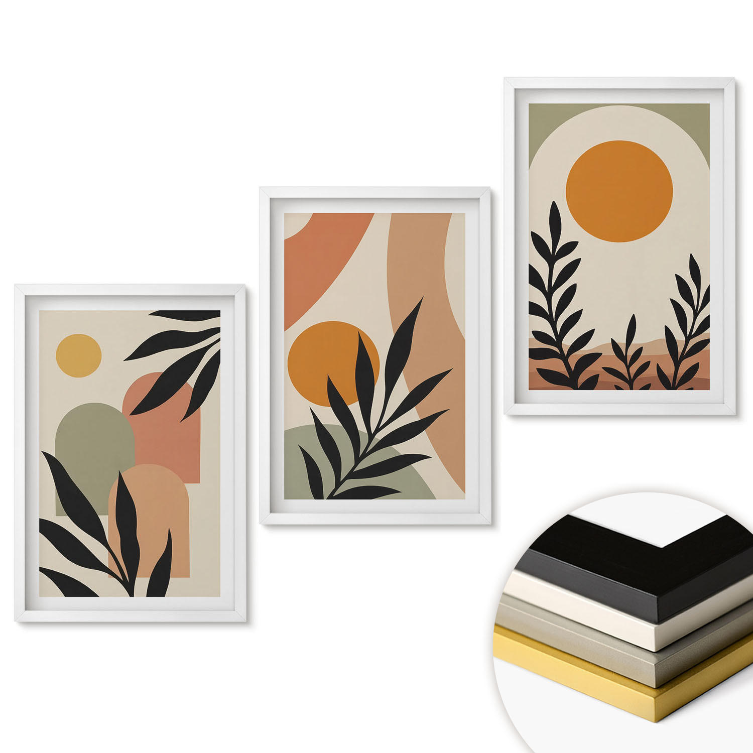 WANDBILDER 3er-Set - 40x60 cm Weißer Rahmen - Abstrakte Pflanzenformen - Weiß, Kunststoff (40/60cm) - ArtPrintCave