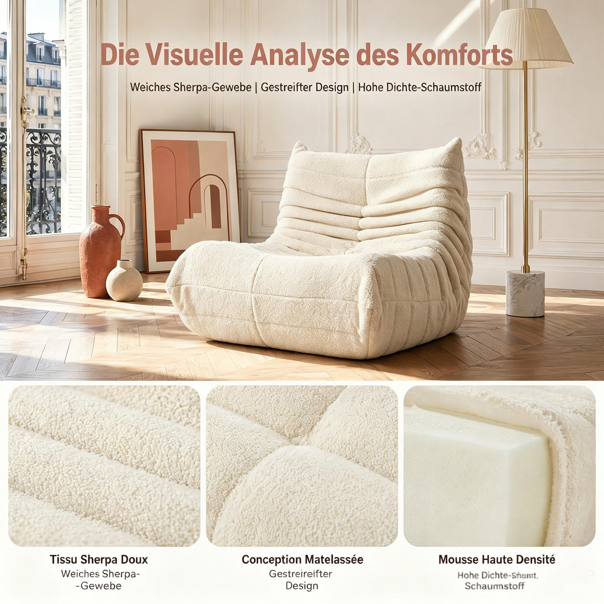 SITZSACK, 105x86x75 cm, Sitzsack in Birnenform, Sherpa-Stoff, Belastbarkeit bis 150 kg, Beige - Beige, Textil (86/75/105cm) - GENKI LIVING