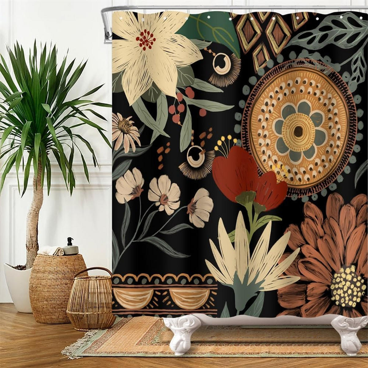 DUSCHVORHANG Boho Blumen Muster Badewanne schimmelresistent wasserdicht - Multicolor, Textil (180/180cm) - MCBOSON