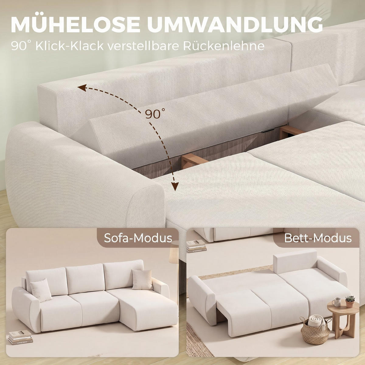 SCHLAFSOFA Veloursbezug Cremeweiß - Creme/Weiß, Holzwerkstoff/Kunststoff (140/90/250cm) - HOMCOM
