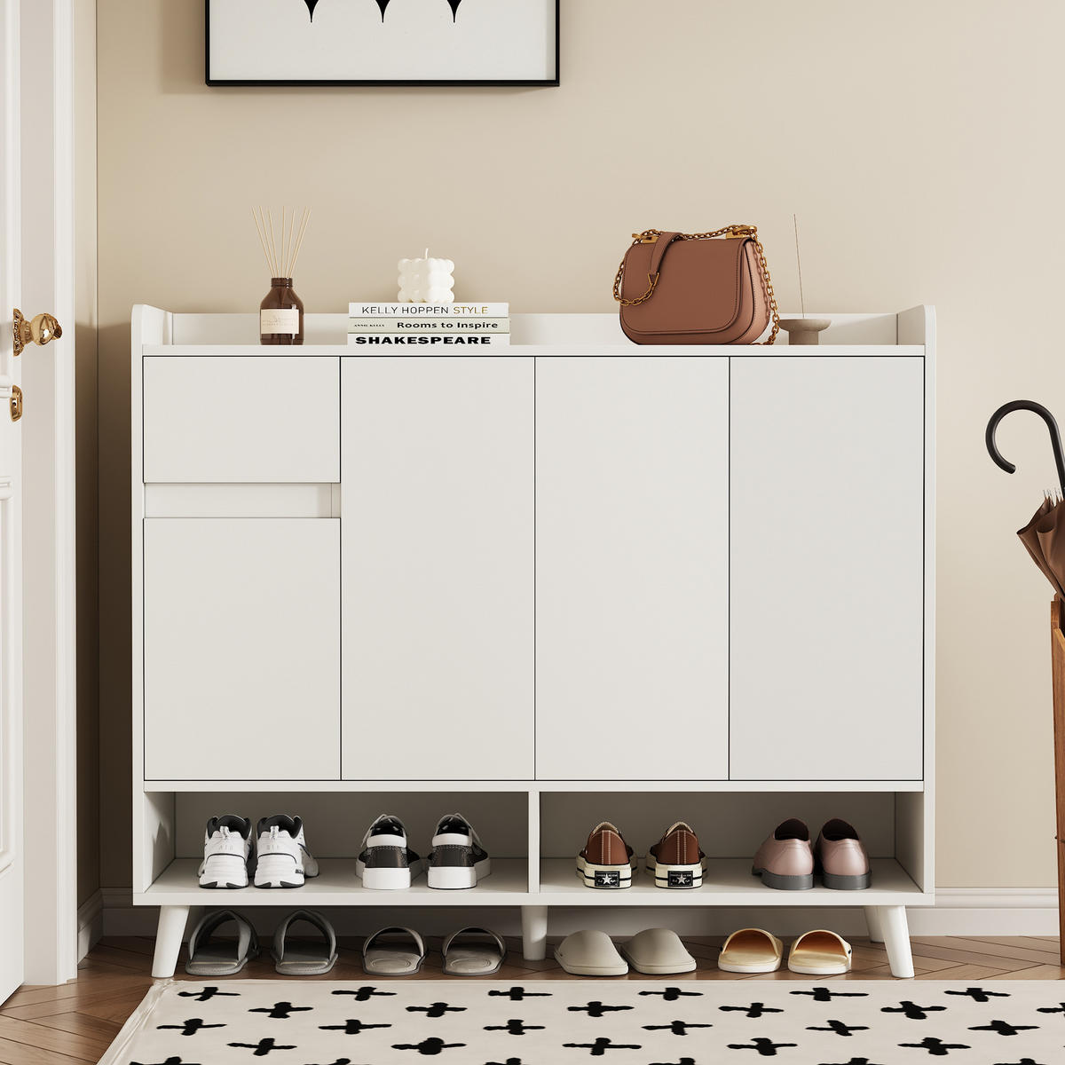 SIDEBOARD in Weiß Schuhschrank mit 4 Türen und 1 Schubladen für Esszimmer, Wohnzimmer oder Küche, B120/T35/H99cm - Weiß, Holzwerkstoff/Metall (120/99/35cm) - STILVORA