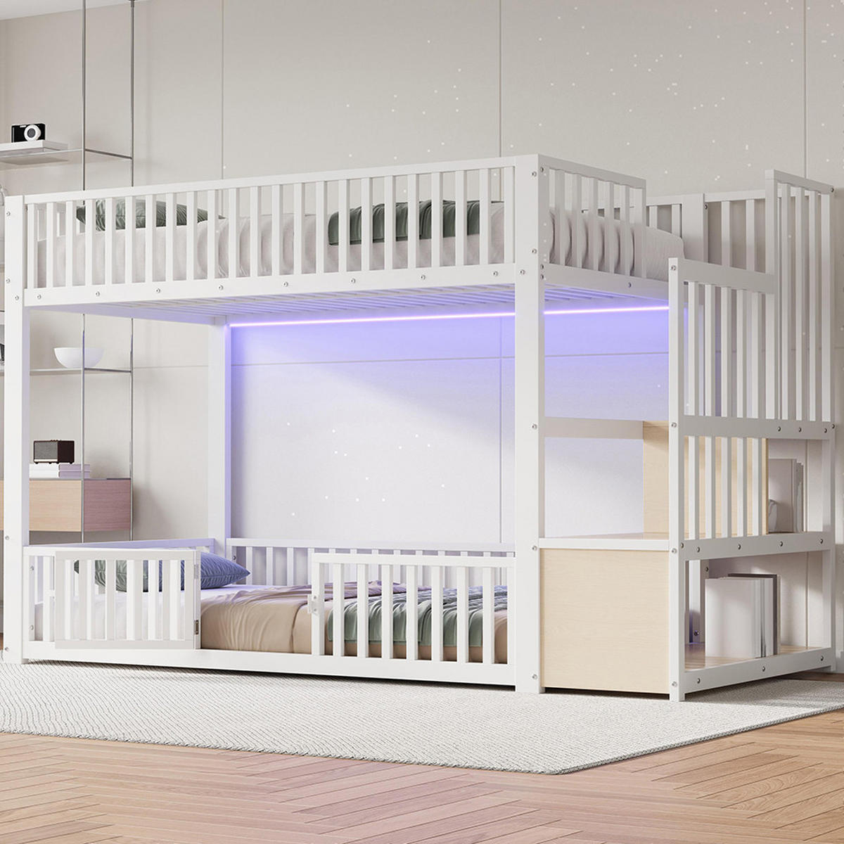 ETAGENBETT 90x200 cm mit Stauraumleiter und mit LED, Weiß - Weiß, Metall (90/200cm) - KOMHTOM