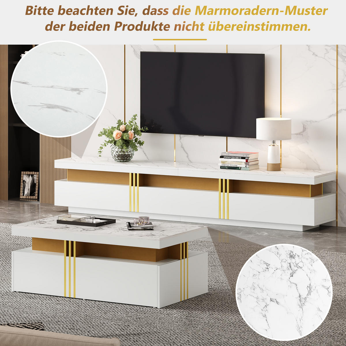TV-ELEMENT mit Couchtisch - Kombination 2er-Set Marmor-Optik in Weiß und Gold - Weiß, Holzwerkstoff (200/42/40cm) - OKWISH
