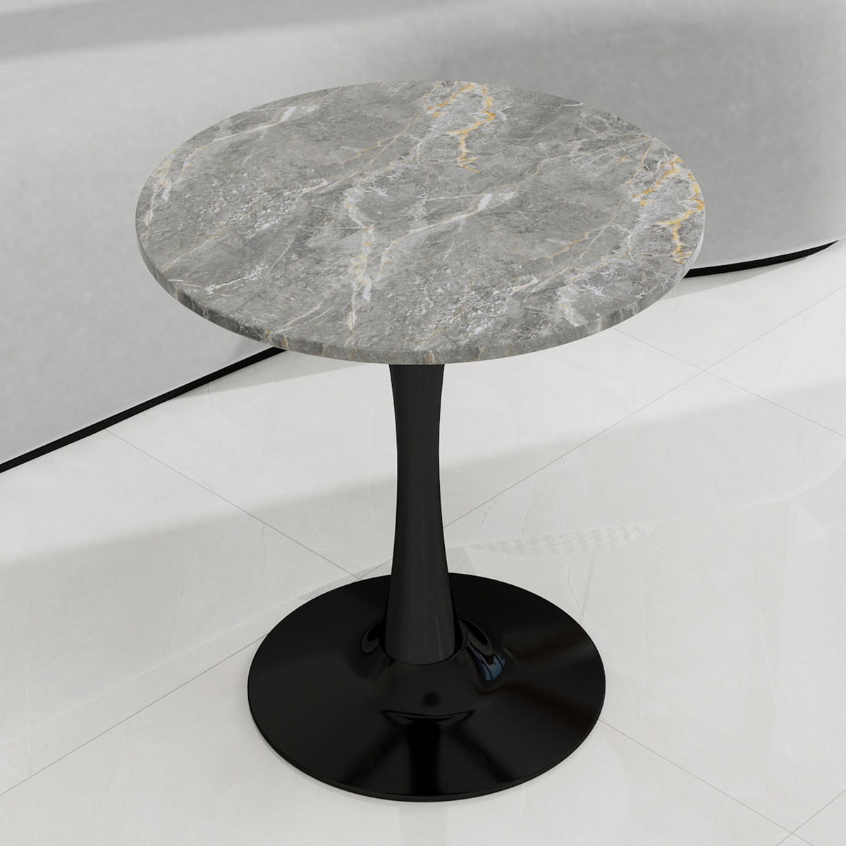 COUCHTISCH 70/70/72 cm Schwarz Grau mit runder Kunstmarmorplatte minimalistisches Design - Grau, Stein (70/70/72cm) - OKWISH