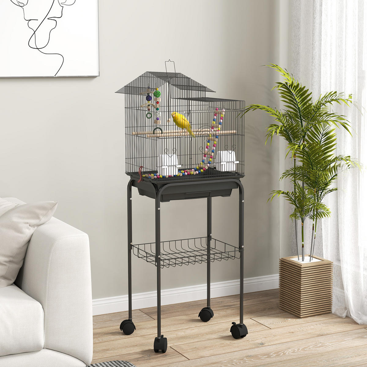VOGELKÄFIG DE-17843 2 Näpfe & 2 Sitzstangen auf Rollen - Schwarz, Metall (36/120/46cm) - ComfortXL