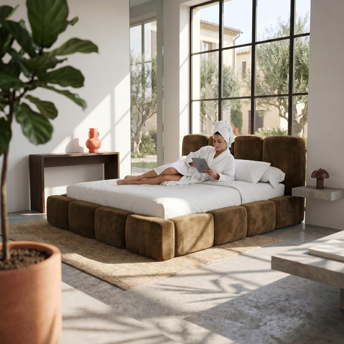 POLSTERBETT SUENO MAXI 160x200 cm in Braun, gepolstertes Kopfteil, Metalllattenrost, Bettkasten, Velour-Stoff - Naturfarben/Braun, Holz/Textil (160/200cm) - Muffo