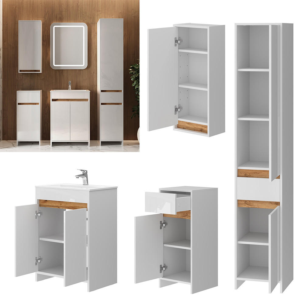 BADMÖBEL-SET Lemgo Weiß Hochglanz 5er-Set - Honigeiche/Weiß Hochglanz, Holzwerkstoff (59.6/81.9/40cm) - Vicco