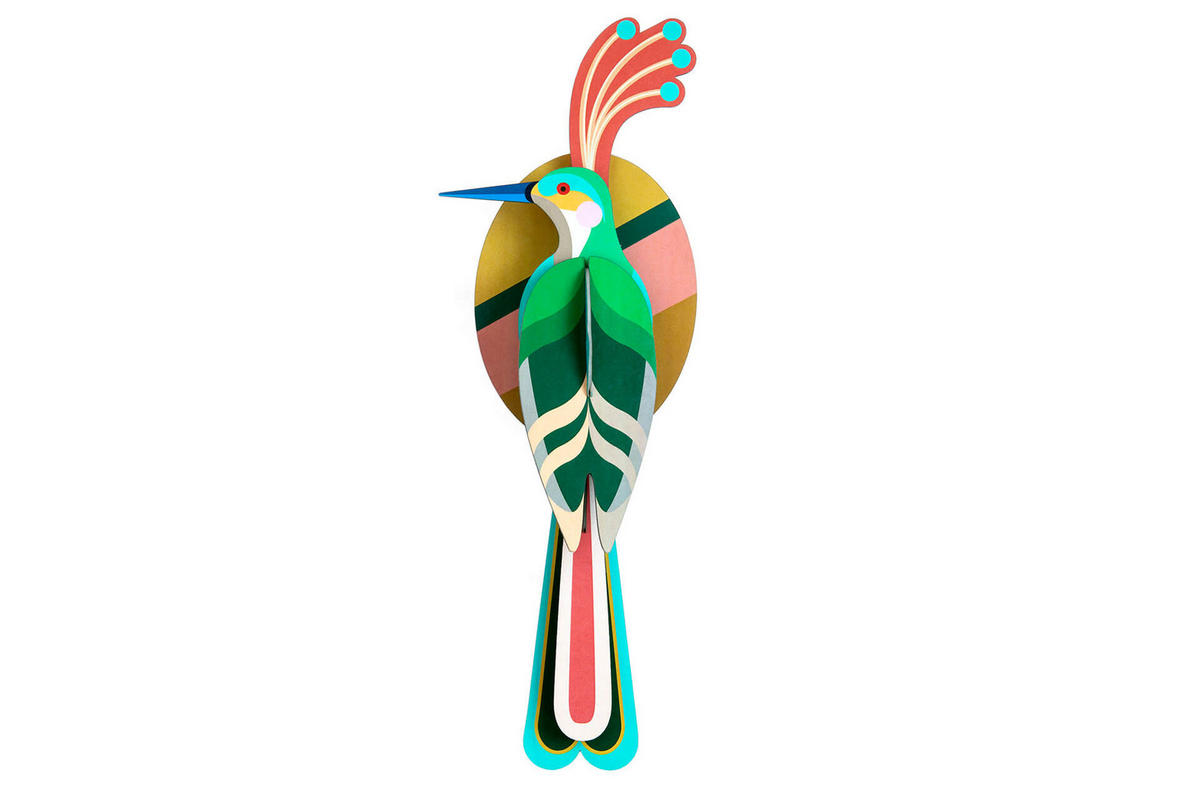 WANDDEKO Vogel mit Federkrone 14/9 cm - Pink/Grün, Wellpappe (14/9/39cm) - KUNSTLOFT