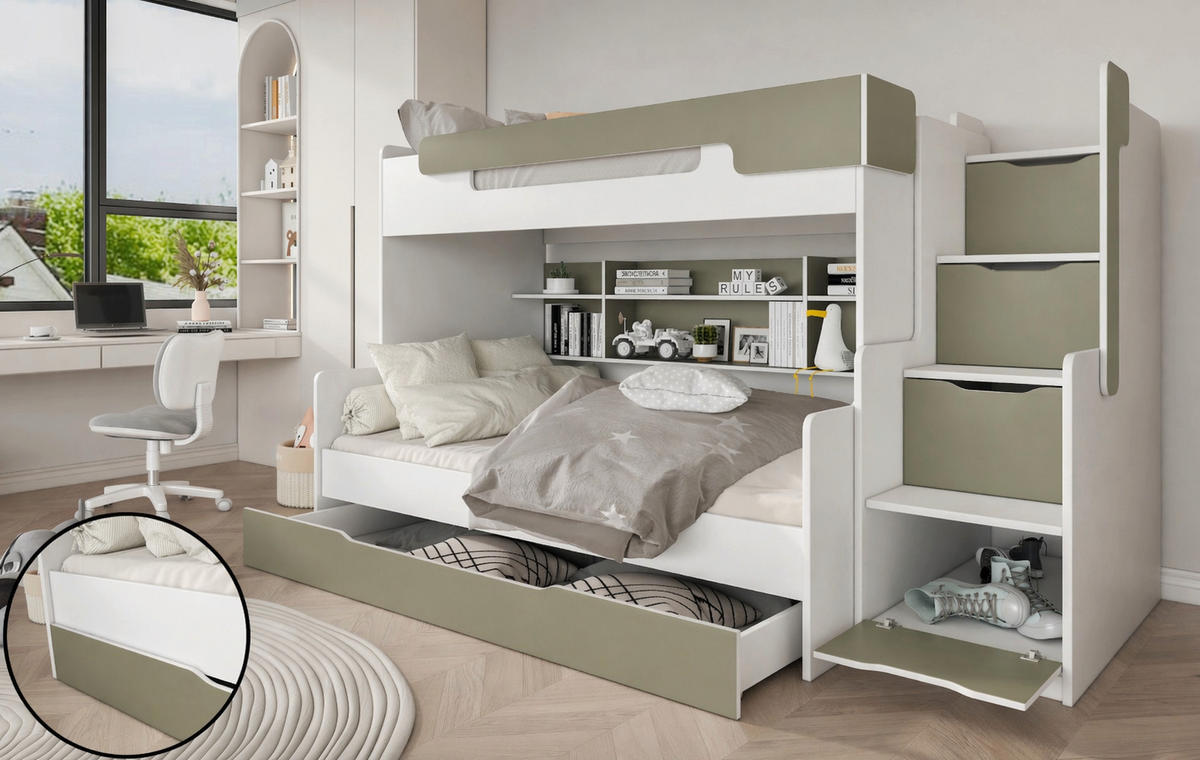 ETAGENBETT HARRY 260x129 cm – Stockbett für 2 Personen mit Treppe, Stauraum und 2 Matratzen - Salbeigrün, Holz (120/200cm) - Wohnideebilder