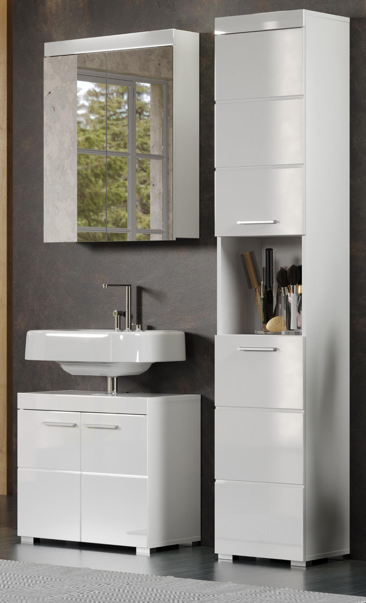 BADMÖBEL-SET weiß Hochglanz 3-teilig 112 x 190 cm, Badkombination mit viel Stauraum - Weiß, Glas/Holzwerkstoff (112/190/34cm) - Top.Furn