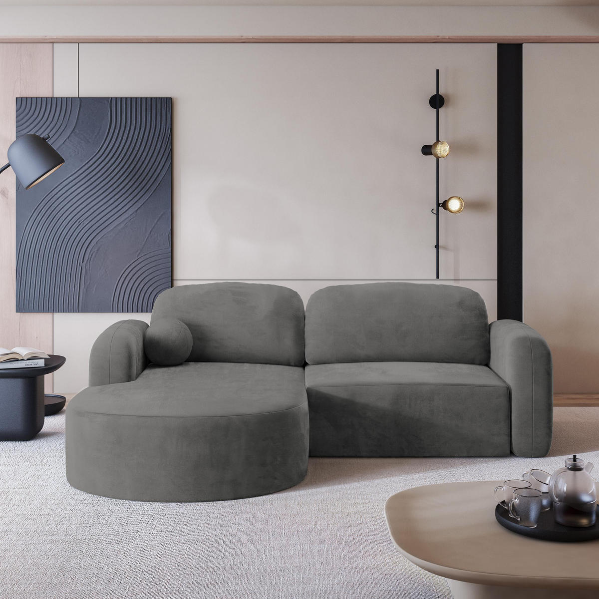 ROHOVÁ SEDAČKA AMILIA šedá - šedá, dřevo/textil (263/174cm) - MASSENO