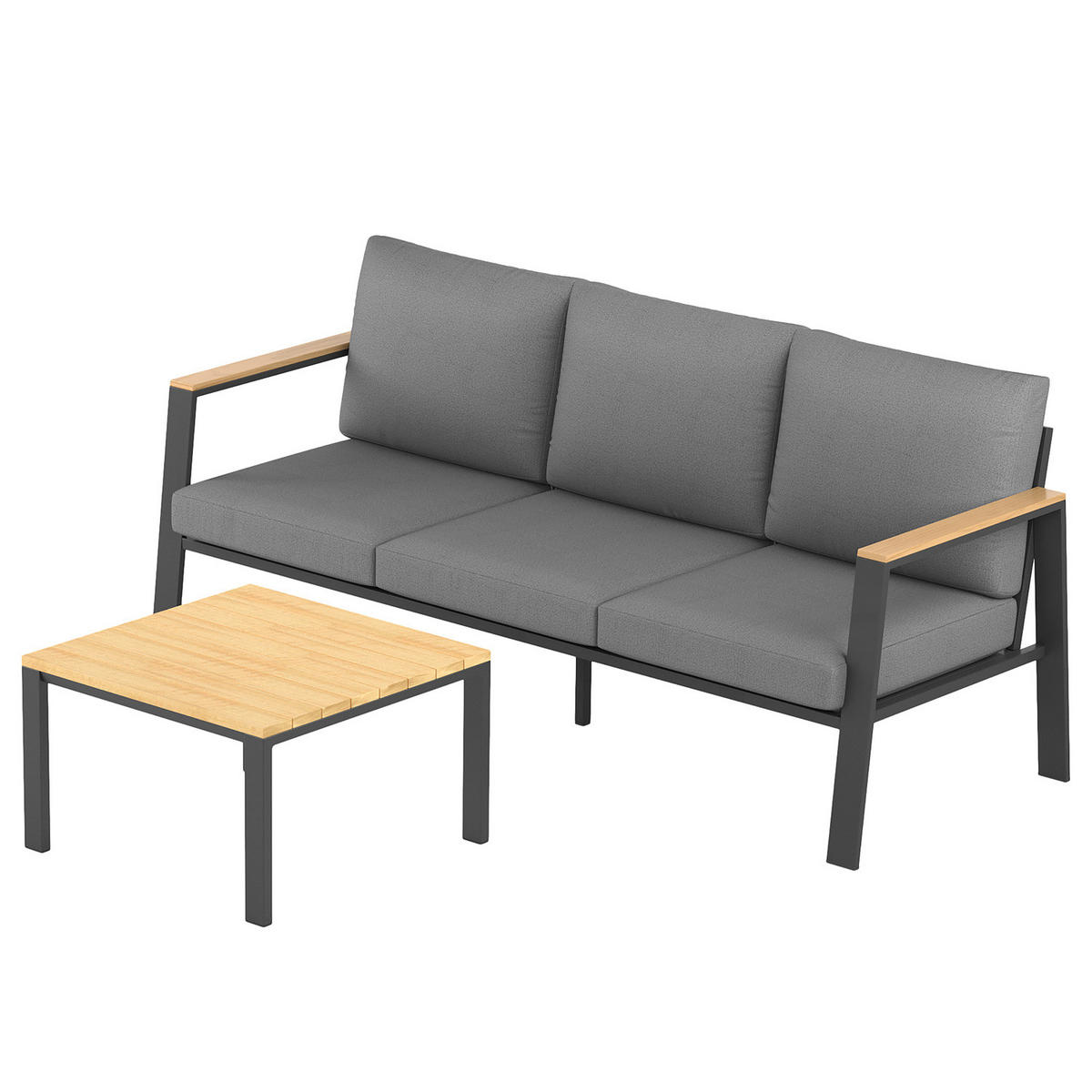 LOUNGESET - Eukalyptus massiv / Polyester - Braun / Anthrazit - 2-teilig - Braun/Grau, Holz/Textil - home24