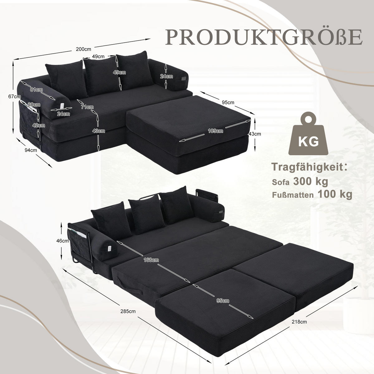 ECKSOFA Cord Schwarz mit Seitentasche und 3 Kissen - Schwarz, Textil/Metall (218/285cm) - WISHDOR