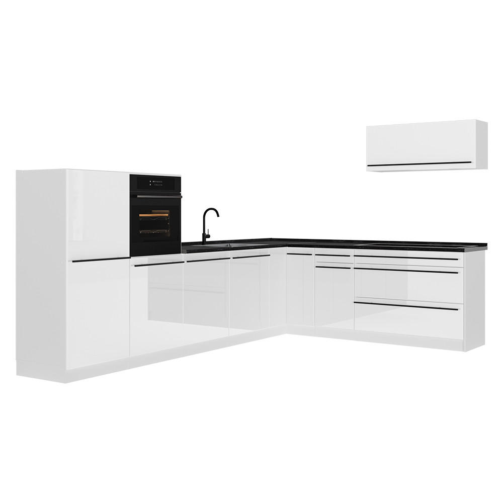 ROHOVÁ KUCHYŇA R-Line, Biely vysoký lesk/biely, 327 x cm antrasiitti työtaso - biela/biela s vysokým leskom, kompozitné drevo (327/143/60cm) - Vicco