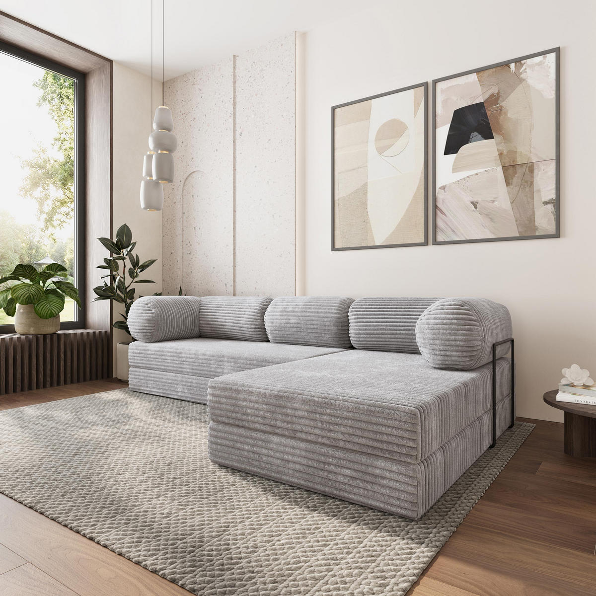 ROHOVÁ SEDAČKA ETERA modulární Boneless pohovka s funkcí spaní, světle šedá TILIA 86 - šedá, textil (270/160cm) - MASSENO