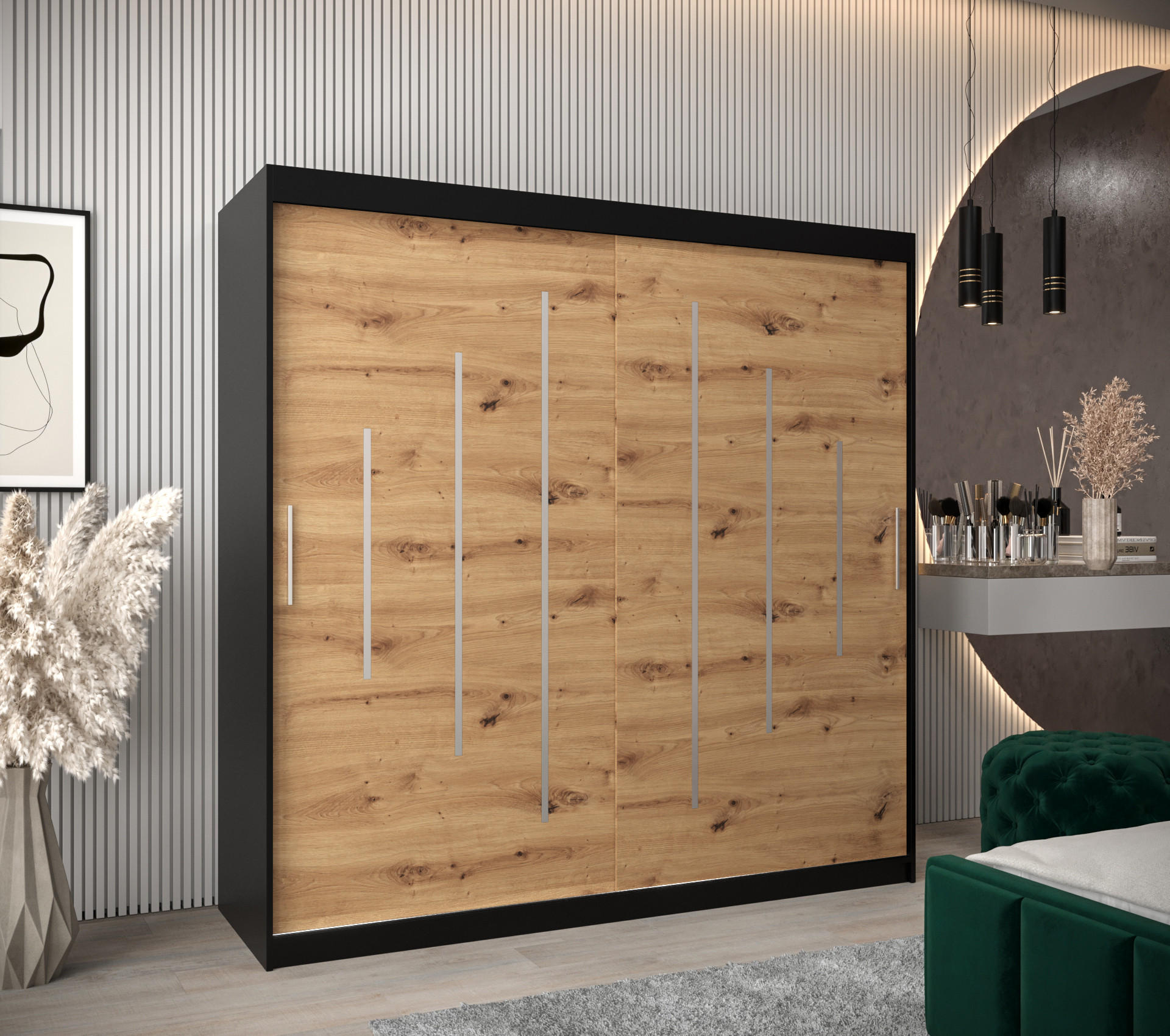 SCHWEBETÜRENSCHRANK 200/200/62 2-türig - Silberfarben/Schwarz, Holz/Kunststoff (200/200/62cm) - Abiks Möbel