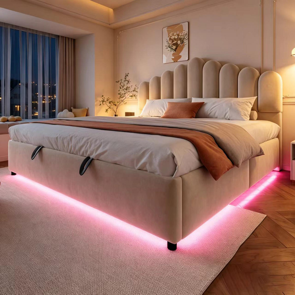POLSTERBETT 180/200 cm in Beige mit Bettkasten, LED und Lattenrost aus Samt - Beige, Holzwerkstoff/Textil (180/200cm) - STILVORA