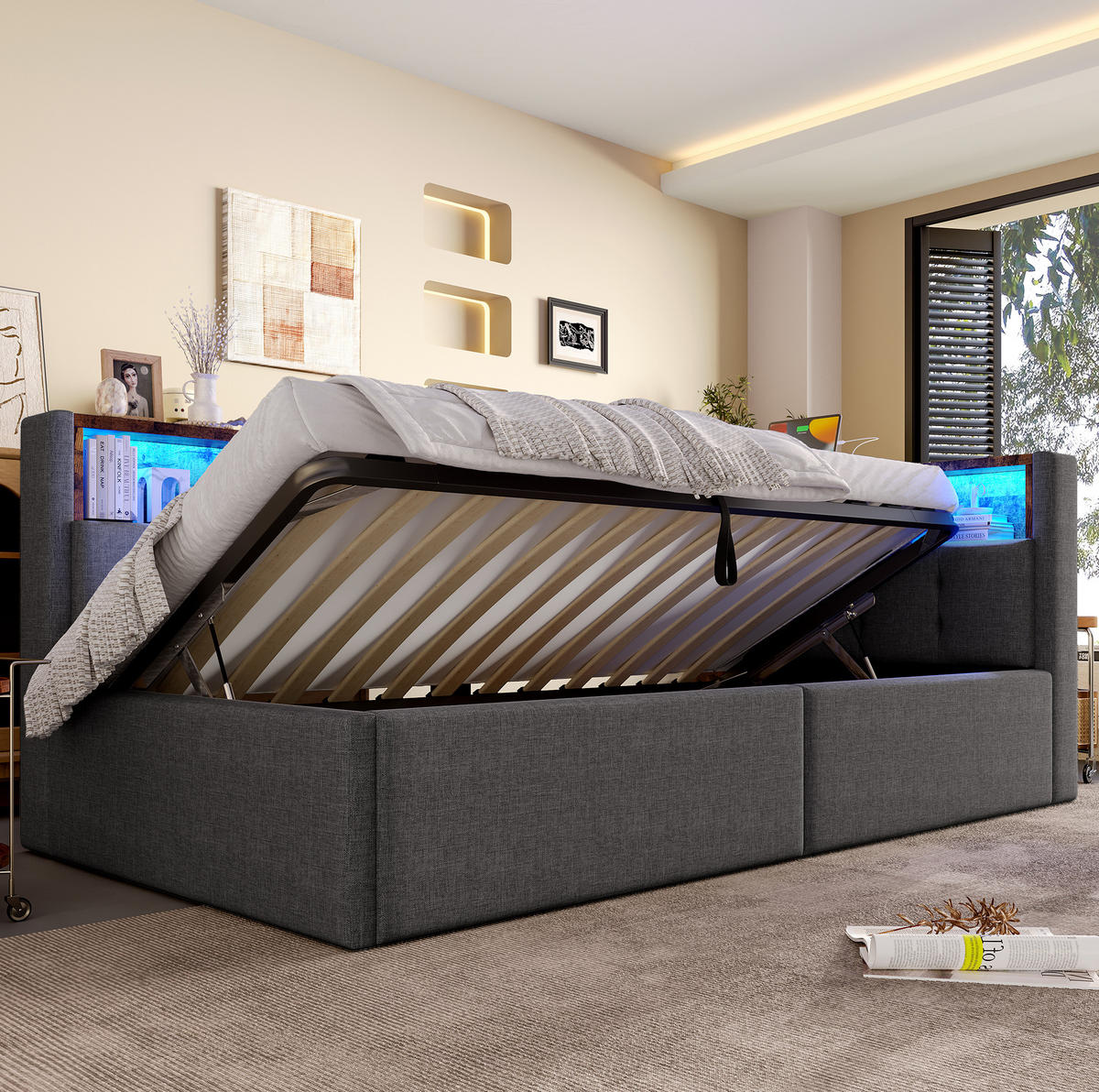 POLSTERBETT 90/200 cm Grau aus Leinen mit LED-Beleuchtung und USB- und Type-C-Anschlüssen - Grau, Textil (90/200cm) - Flora Grace