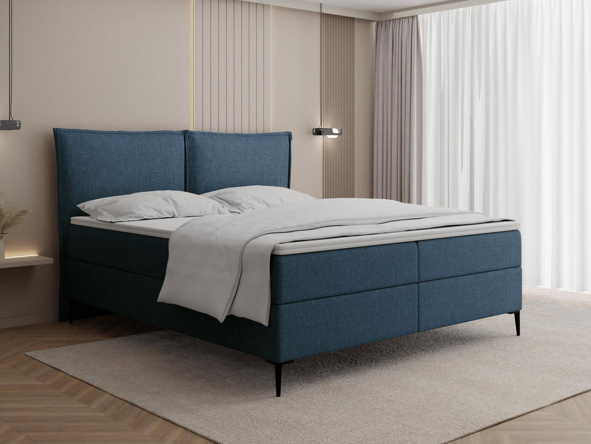 BOXBETT Calio Rise mit Bettkasten, Dunkelblau Chenille 180x200 cm – inkl. H4 Taschenfederkern Matratze & Foam Topper - Schwarz/Dunkelblau, Holz/Holzwerkstoff (180/200cm) - WFL GROUP