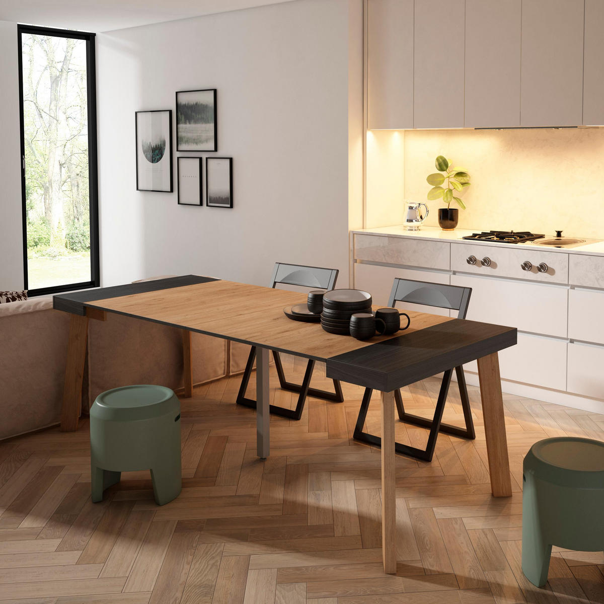 KONSOLENTISCH ausziehbar 58 bis 222cm, für 10 Gäste, schwarz eiche, 90/58/73cm - Eichefarben/Schwarz, Holzwerkstoff (90/222/73cm) - Skraut Home