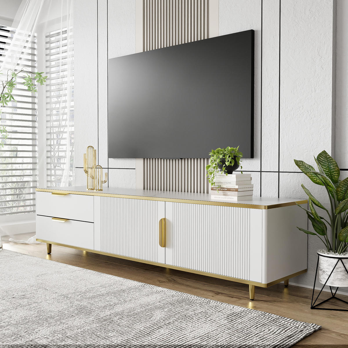 TV-SCHRANK in Weiß und Gold mit 2 Schubladen und 2 Türen 175/40/45 cm - Weiß, Holzwerkstoff (175/45/40cm) - Redom