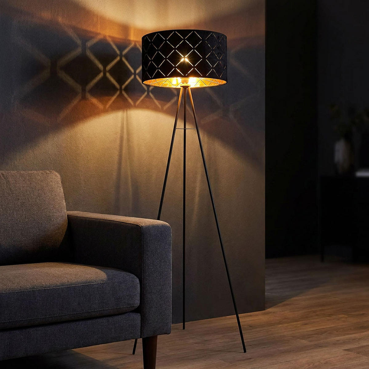 LED STEHLEUCHTE SUNNA schwarz-gold Metall Textil - Goldfarben, Metall (69/69/149cm) - Globo Lighting