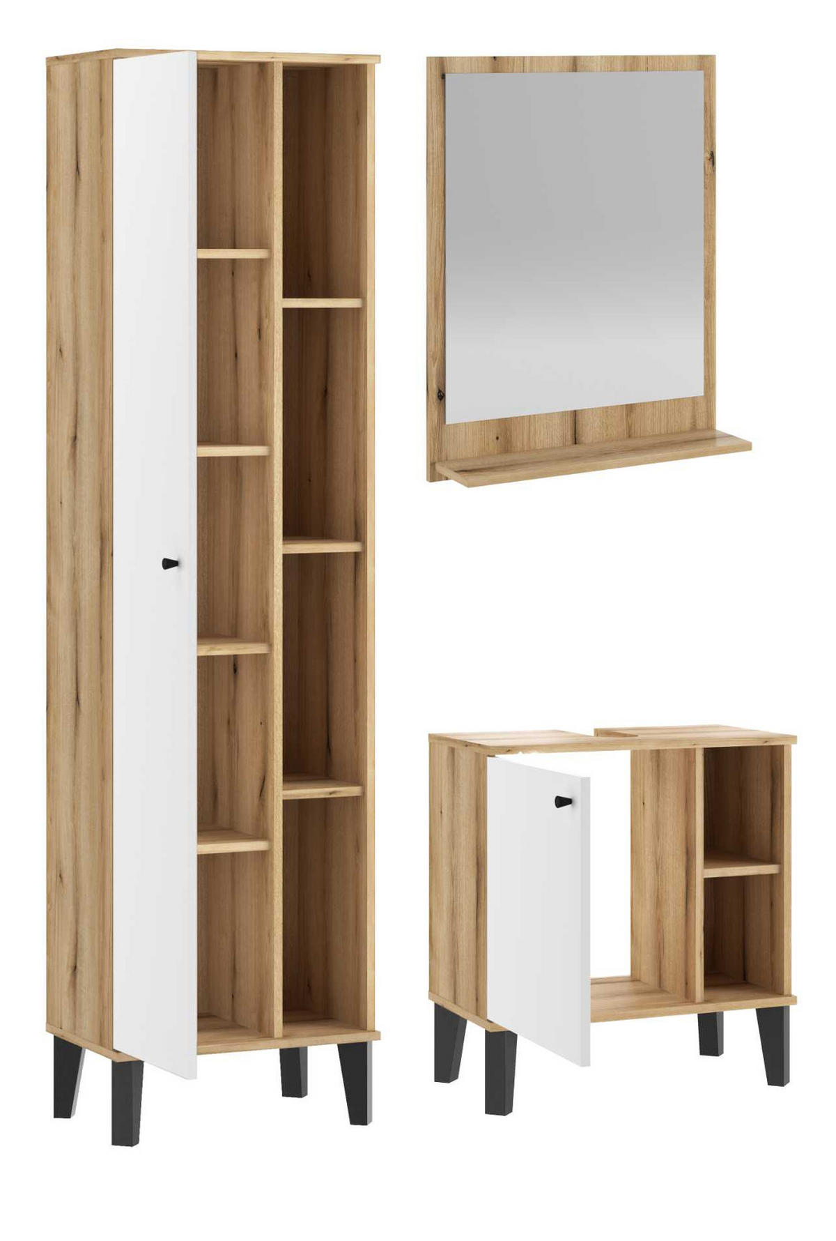 BADMÖBEL-SET 3-teilig weiß, Evoke Eiche, Badkombination 121 x 190 cm - Eichefarben/Schwarz, Glas/Holzwerkstoff (121/190/33cm) - Furn.Design