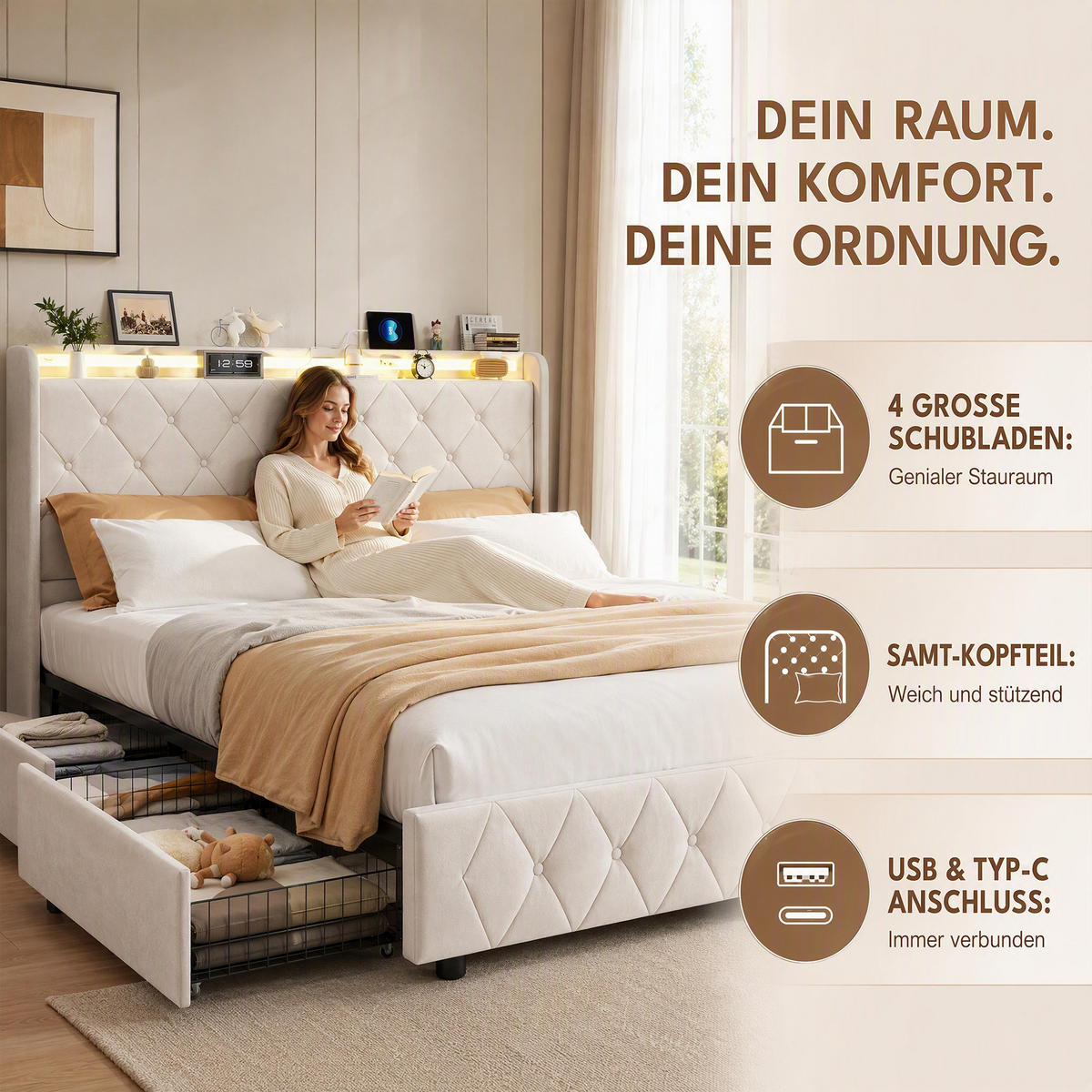 POLSTERBETT, LED-Beleuchtung Doppelbett 140x200cm mit Ladefunktion und 4 Schubladen, Samt, beige - Beige, Holz/Holzwerkstoff (140/200cm) - GENKI LIVING