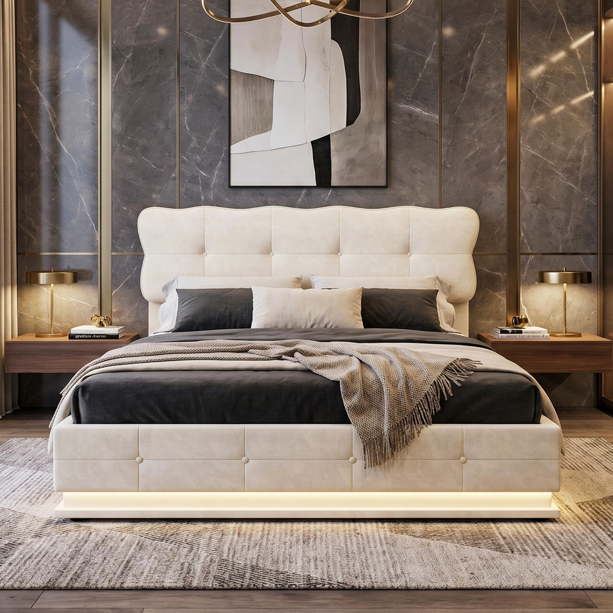 POLSTERBETT Wellen-Design 160/200 cm mit Bettkasten & LED Samtoptik Beige - Beige, Textil (160/200cm) - Creahappy