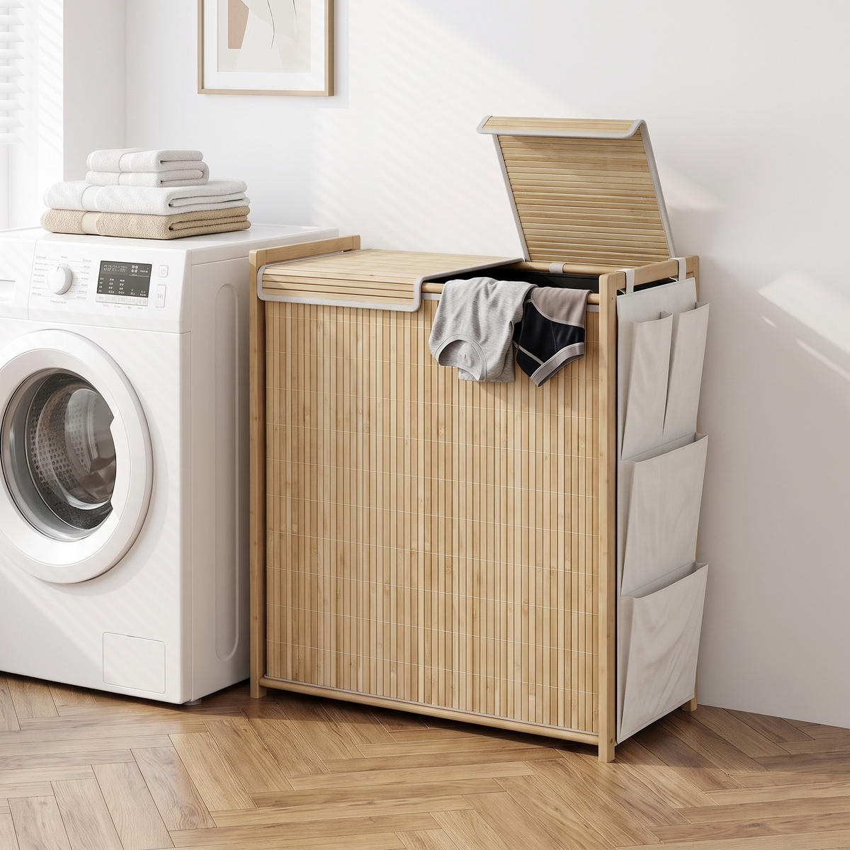 WÄSCHEKORB Bambus 120L mit Deckel, 2 Wäschesäcken & Seitentaschen Natur - Naturfarben, Naturmaterialien (63/78/33cm) - Urban Meuble