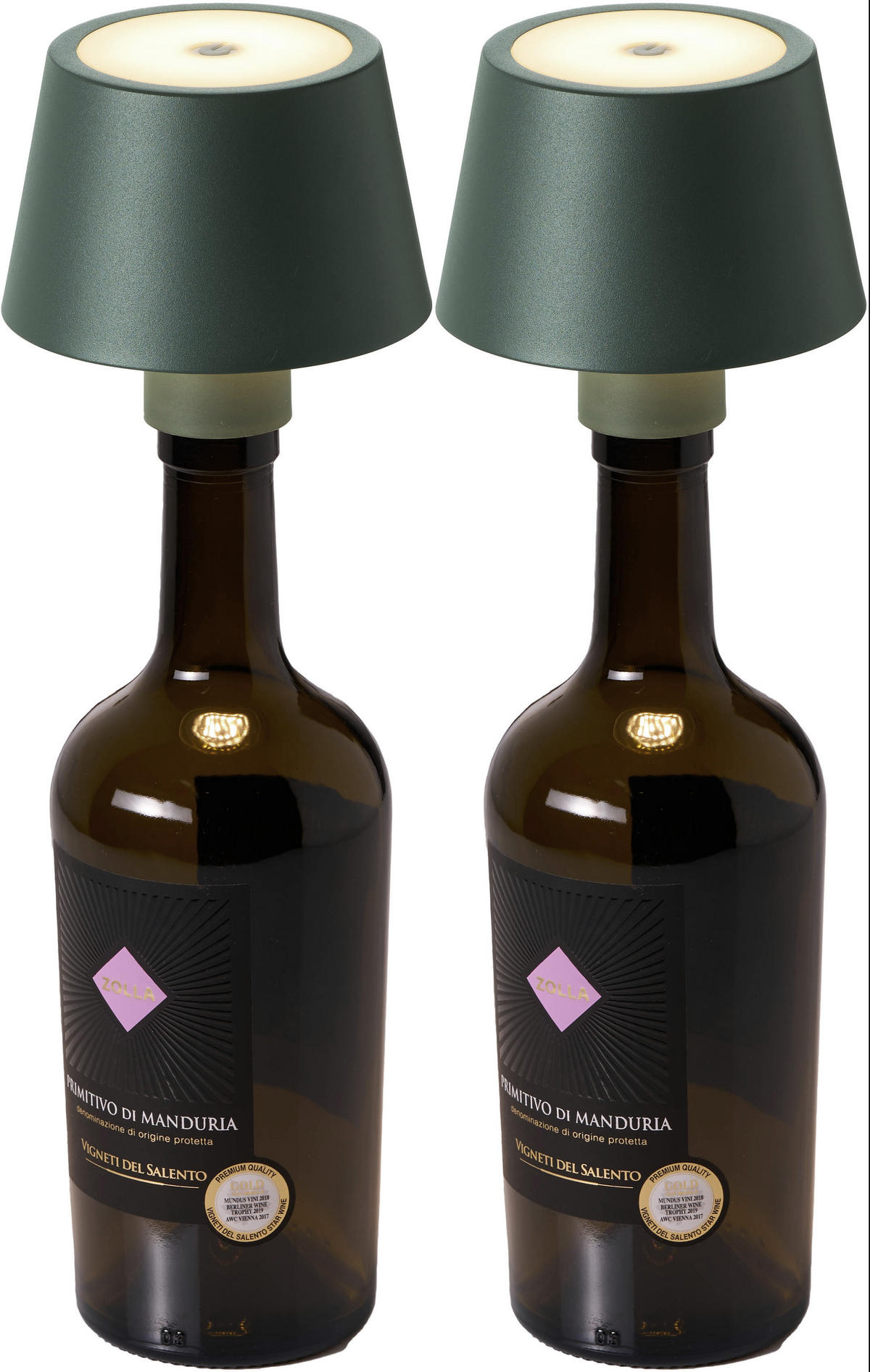LED-AKKU-FLASCHENLAMPE - dimmbar mit Touchsensor und USB-C Aufladung für drinnen und draußen, 2er-Set - Grün, Metall (11/11/12.5cm) - Northpoint