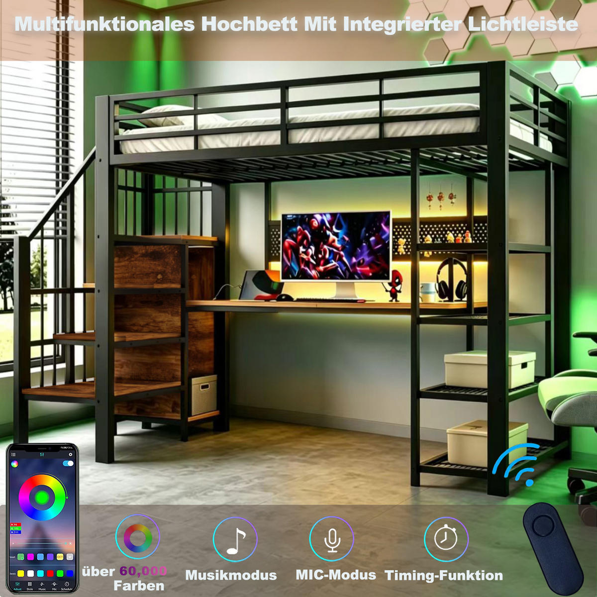 HOCHBETT 90/200 cm in Schwarz mit Treppe, LED und Steckdosen - Schwarz, Holzwerkstoff/Metall (90/200cm) - WISHDOR