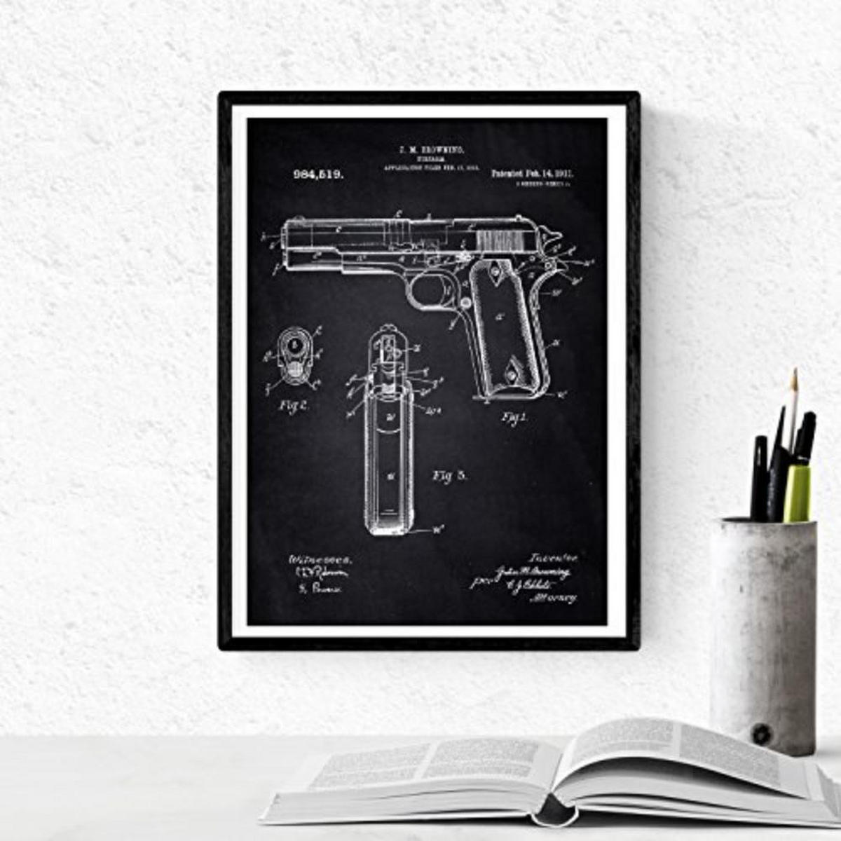 POSTER Set mit 4 Schwarz Waffen Patent A4 Schwarzer Rahmen - Schwarz, Papier (29.7/3cm) - Nacnic