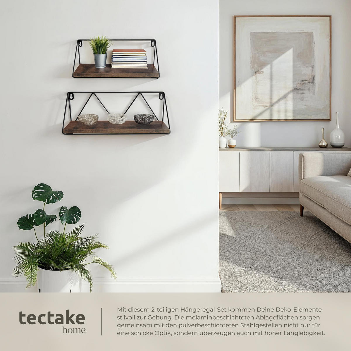WANDREGAL 2er Set Rockport,Tiefe 13 cm,Industrial Holz dunkel,rustikal - Rostfarben, Holzwerkstoff (13/14.5/41cm) - tectake