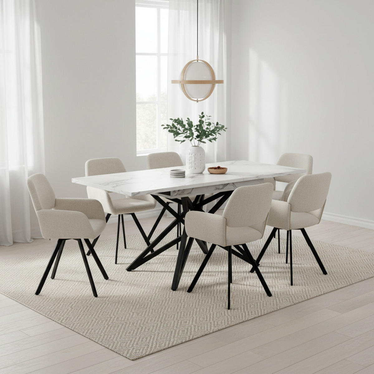 TISCHGRUPPE 7-teilig Ausziehtisch Marmoroptik Weiß & 6x 360° Drehstühle mit Armlehnen - Schwarz/Weiß, Holzwerkstoff/Textil (160/66.1/80cm) - Urban Meuble