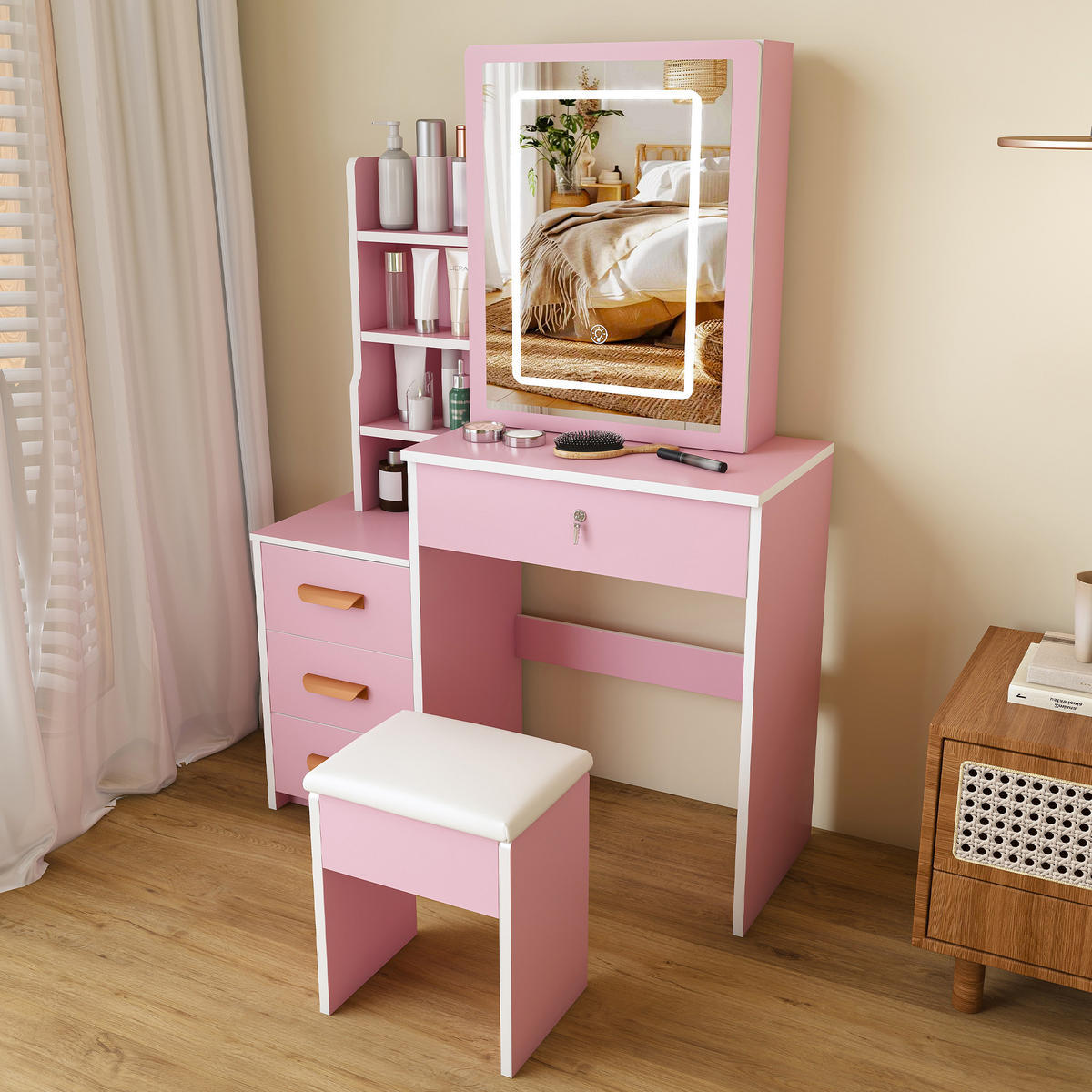 TOALETNÍ STOLEK v růžové barvě se zrcadlem, zásuvkami a osvětlením do ložnice, Š85/V130/H36 cm - růžová, kompozitní dřevo (85/130/36cm) - STILVORA