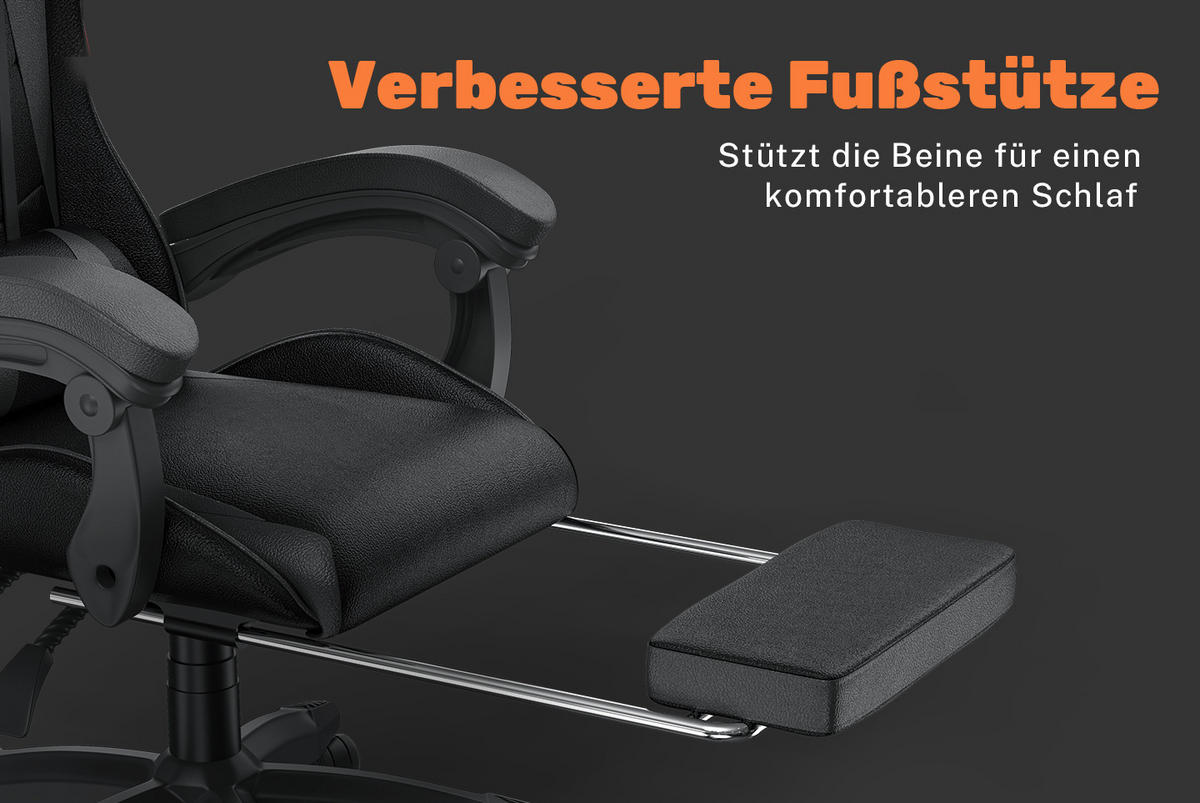 GAMING-STUHL höhenverstellbar, Fußstütze, Lendenkissen – Schwarz - Schwarz, Leder (50/134/50cm) - Rattantree