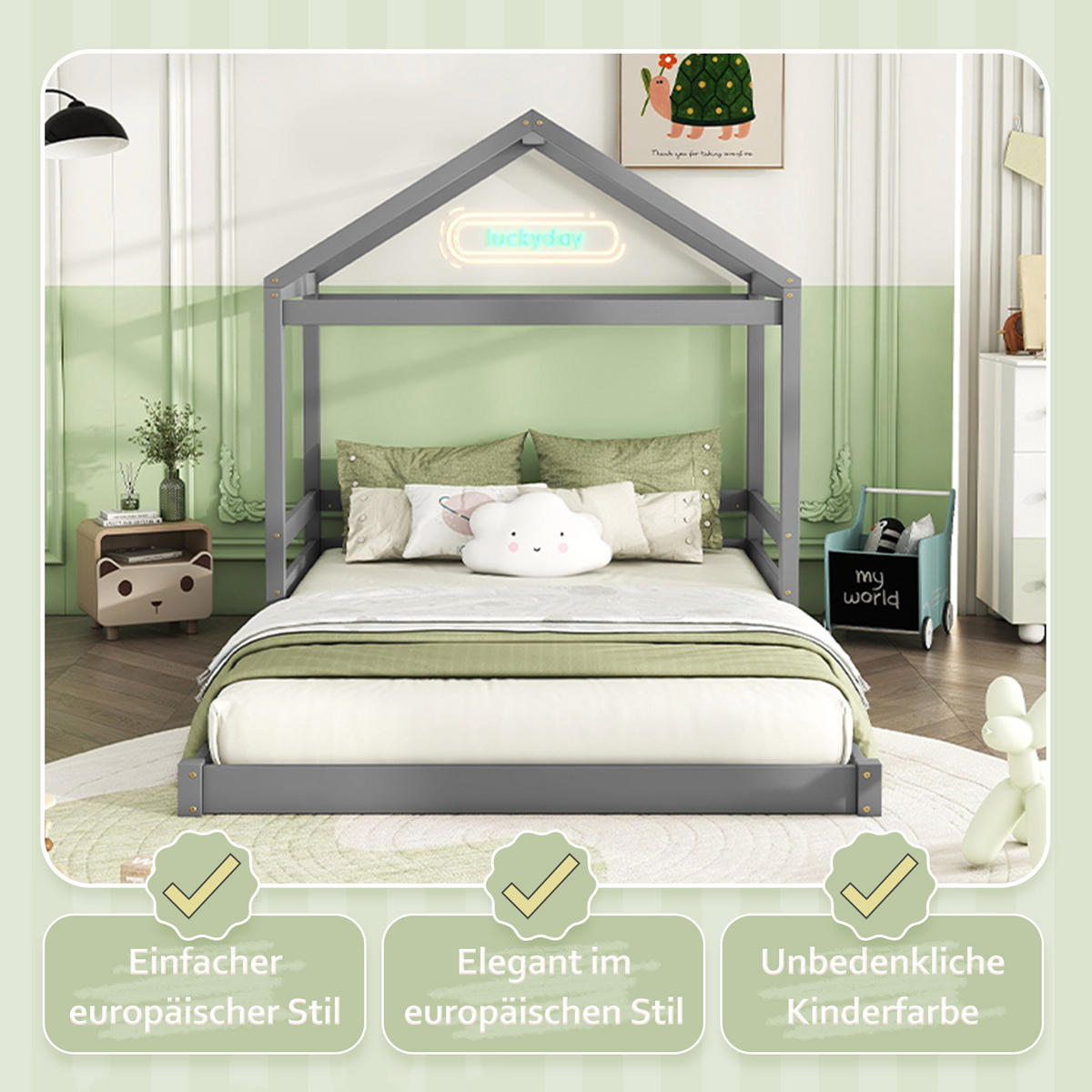 HAUSBETT 140x200cm Grau Kiefer Hausform Minimalistisch - Grau, Holz (140/200cm) - FLIEKS