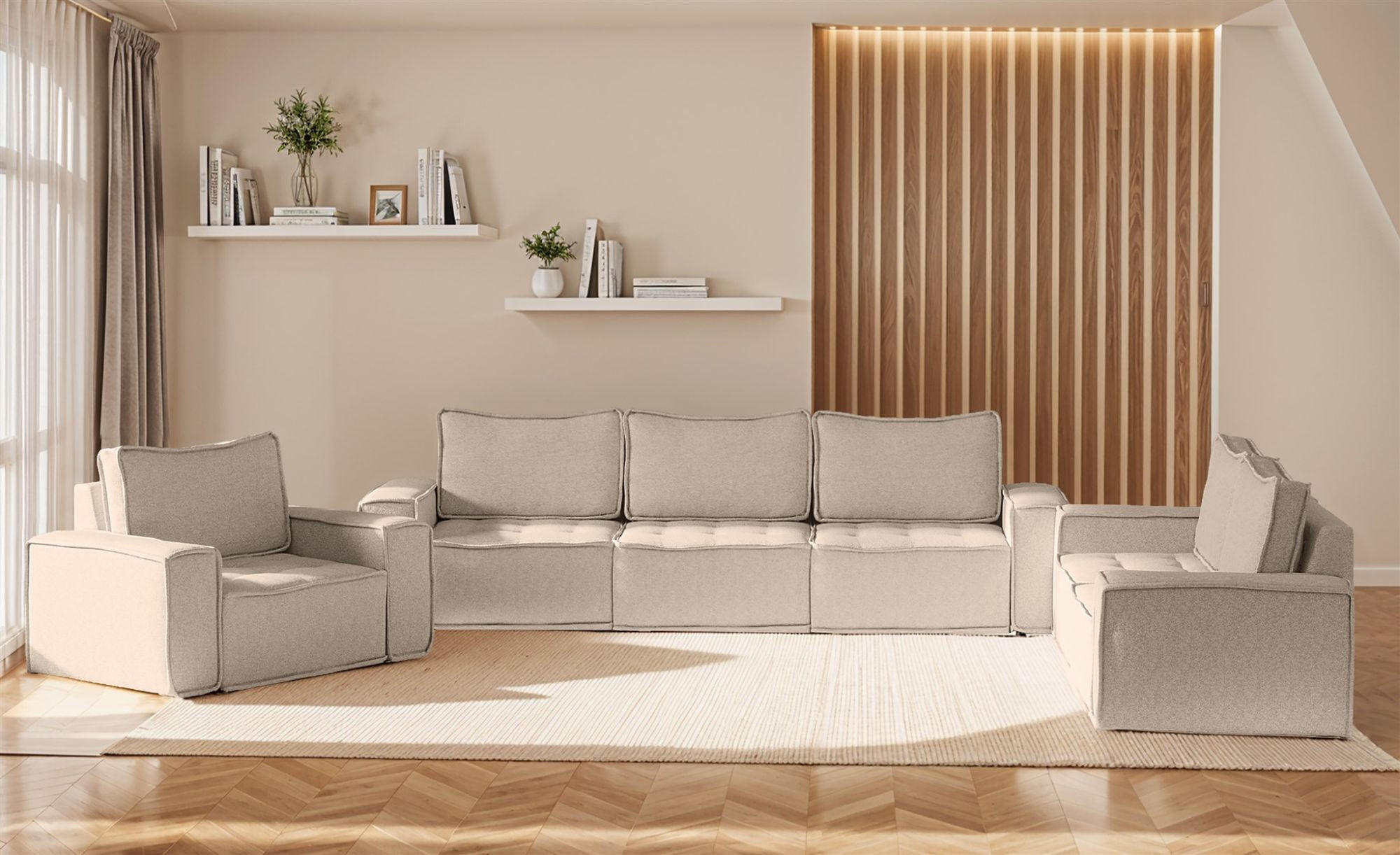 SOFASET Sande 3-2-1 Stoff Alpine - Hellbraun, Holzwerkstoff/Textil (292/85/90cm) - Fun Möbel